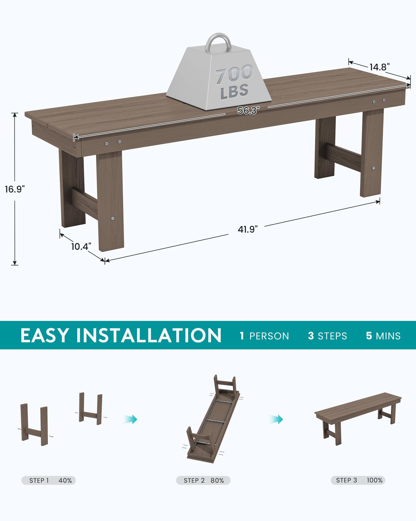 SERWALL 2-Person Outdoor Bench Backless, HDPE Outdoor Benches Weatherproof, 660 Lbs Weight Capacity, Poly Lumber Patio Furniture for Garden, Porch and Park, Coffee, 2 Pack