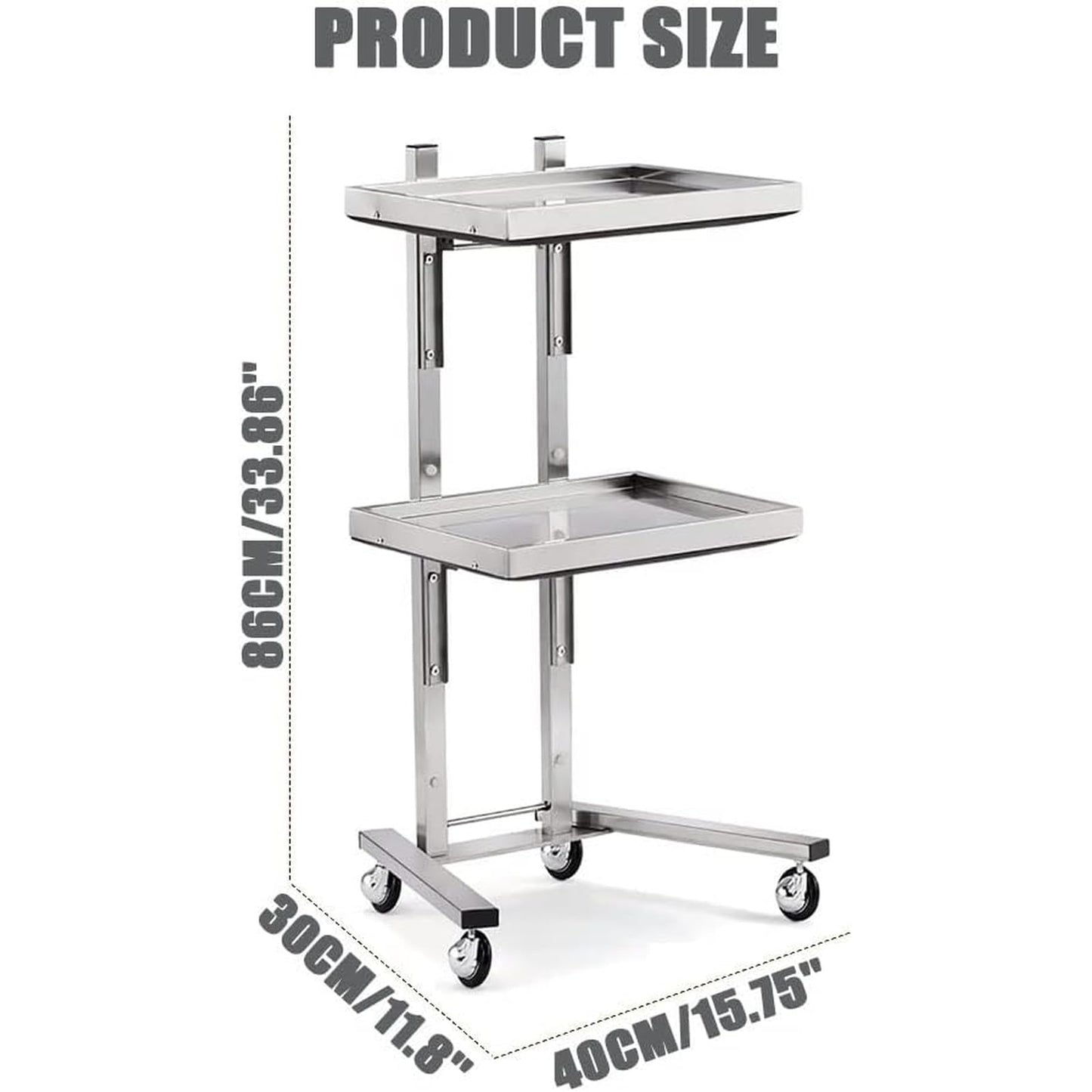 ZGFUSVFD 2-Tier Metal Rolling Cart, Stainless Steel Salon Storage Stand with Wheels Trolley Tray Storage Cart Kitchen Storage Trolley Utility for Bedroom Tattoo Shop, Silver
