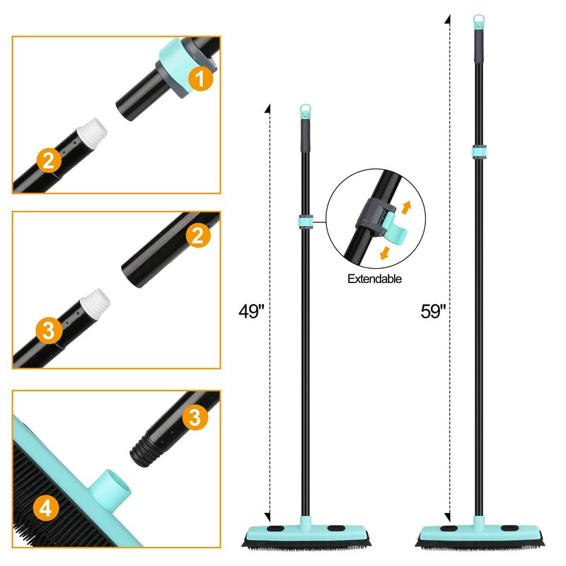 Rubber Broom Carpet Rake for Pet Hair Removal, Fur Remover Broom with 59" Telescoping Long Handle, Pet Hair Broom with Squeegee for Carpet, Hardwood Floor, Tile