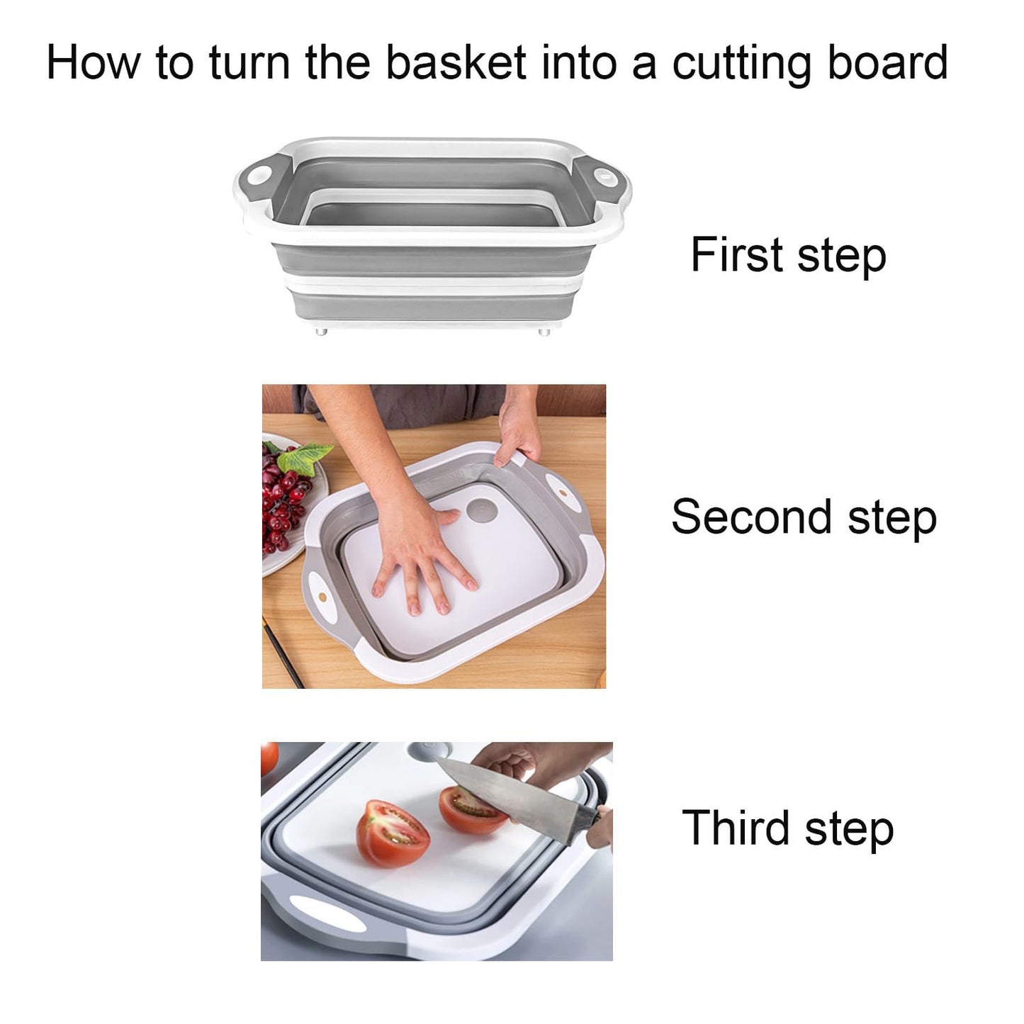 Camping Collapsible Cutting Board Dish Basin BBQ Prep Tub Camp Sink Dish Washing Station Multifunctional Storage Basket(Grey white)