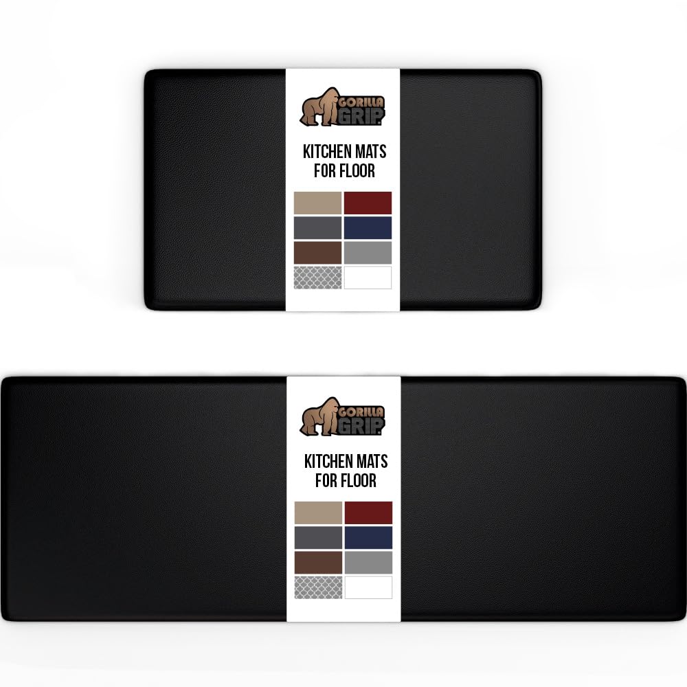GORILLA GRIP 2 Pack Comfortable Cushioned Kitchen Mats for Floor, 17x24 + 17x48, Waterproof and Stain Resistant, 1/2 Inch Thick Soft Ergonomic Standing Desk Anti Fatigue Mat, Foam Supports Feet, Black