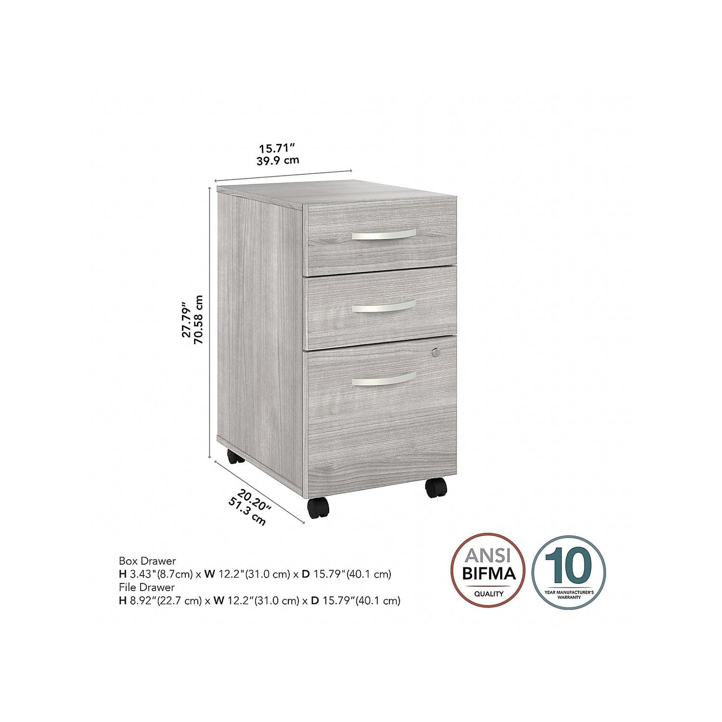 Bush Business Furniture Hybrid 3 Drawer Mobile File Cabinet-Assembled, Platinum Gray