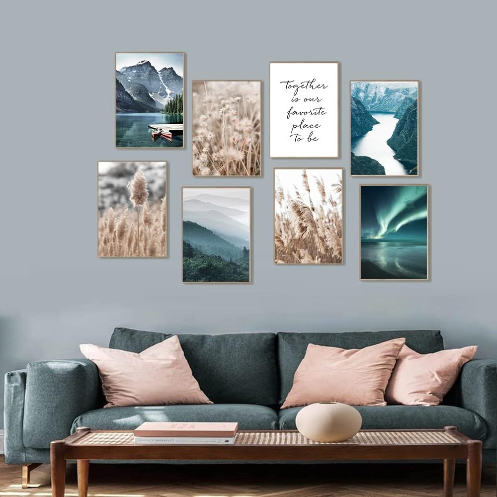 Canssape Set of 9 Nature Mountain Wall Art - Green Lake Picture Prints for Home Living Room Decor 8x10in (Unframed)