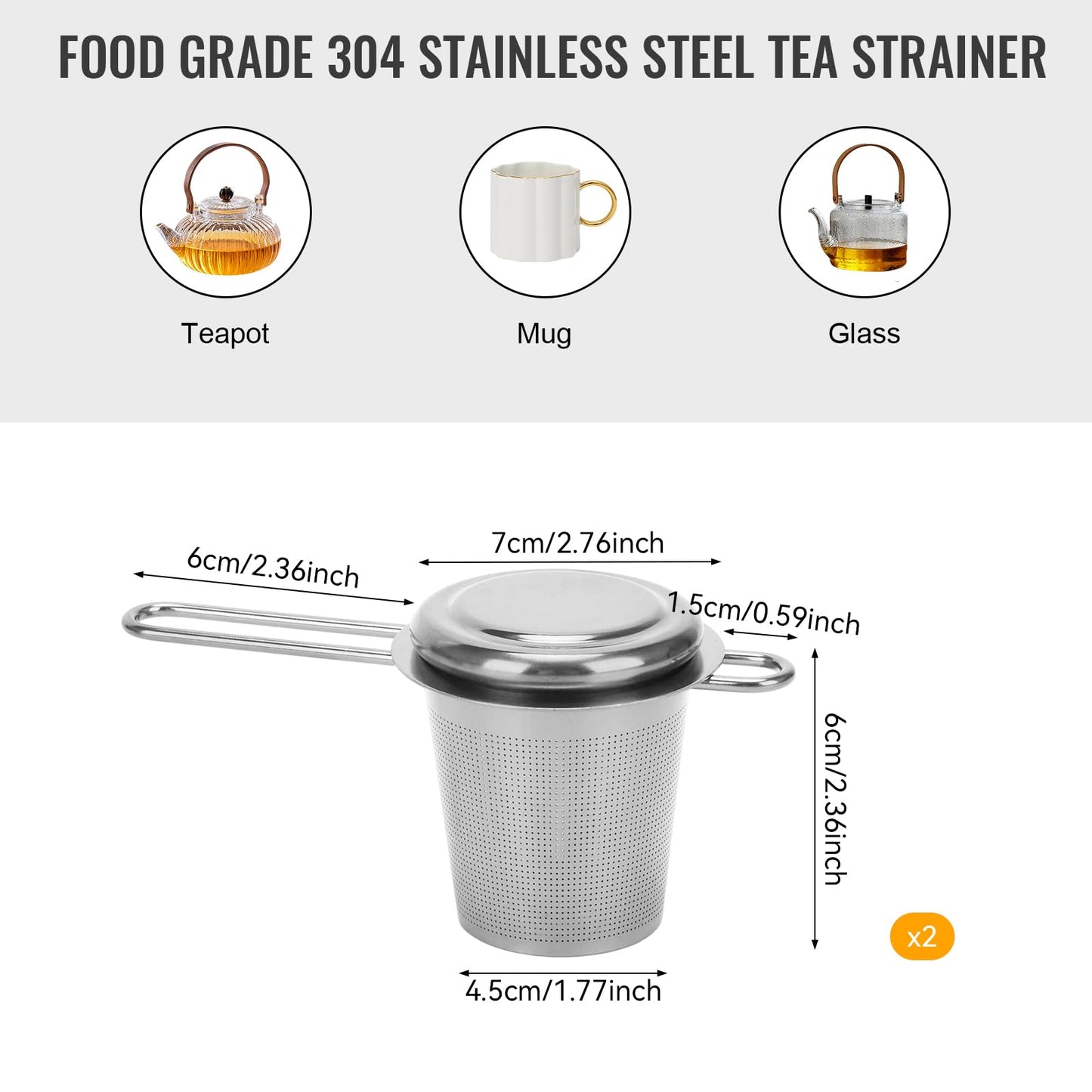 2pcs Tea Diffuser, Stainless Steel Tea Strainer Fine Mesh Tea Infuser with Double Long Handles Loose Leaf Tea Steeper for Mugs Cups Teapots (Silver)