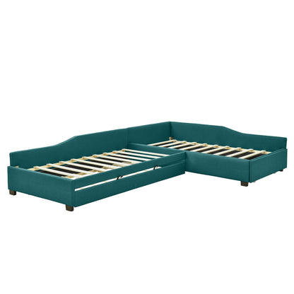 Merax Double Twin Size Upholstered Daybed with Trundle and Storage Drawer, Green Wood Bed Frame for Teens