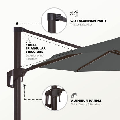 wikiwiki 11 FT Cantilever Patio Umbrella, Offset Umbrella Outdoor Patio, 6-Level 360°Rotation Heavy Duty Large Umbrella with Cross Base, Grey