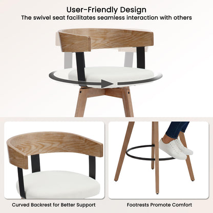 DUOMAY Swivel Bar Stools Set of 2, 26" Counter Height Bar Stool with Footrest Modern Wood Barstools with Linen Upholstered Seat Counter Stools for Kitchen Island Home Bar, White
