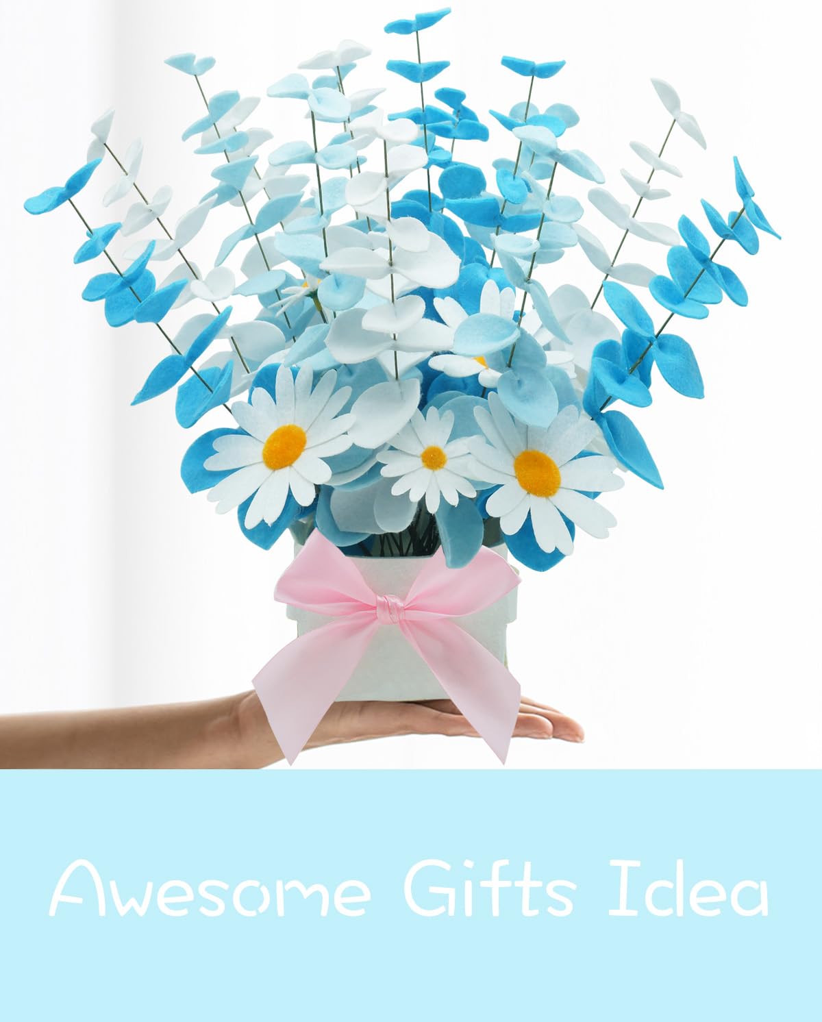 BAZIMA Felt Eucalyptus Daisy Bouquet,Felt Flowers,Multi-Color Felt Leaves,DIY Bouquet,Artificial Flower Bouquet with Flower Pot,Floral Gifts,15 Eucalyptus and 8 Daisies kit(White and Blue)