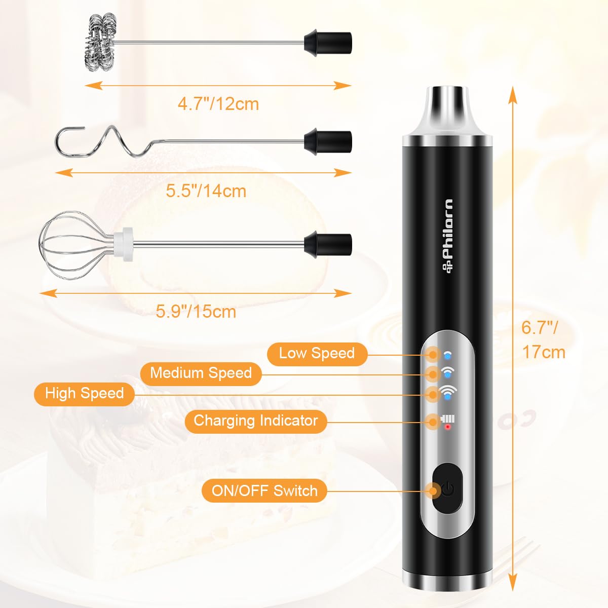Philorn Milk Frother Wand Rechargeable, Handheld Coffee Drink Mixer Frother Foam Maker with 3 Heads 3 Speed for Lattes, Cappuccino, Frappe, Matcha, Hot Chocolate Egg Black (Black)