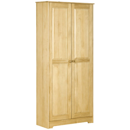 HOMCOM 67" Pinewood Kitchen Pantry Storage Cabinet, Freestanding Cabinets with Adjustable Shelves, Solid Wood Food Pantry with Soft-Close Doors for Living Room Dining Room, Light Brown