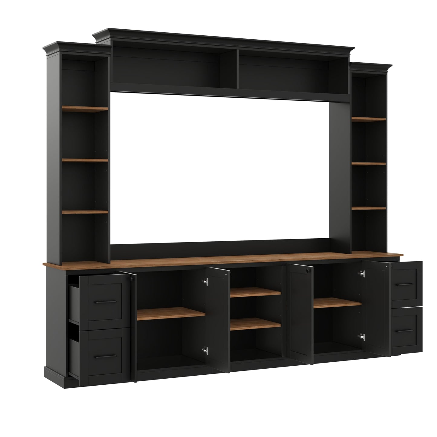 Merax 4-in-1 Wall Unit Entertainment Center with Bookshelf for TVs Up to 70", Farmhouse Large TV Stand with Walnut Adjustable Shelves, Elegant Retro Media Console with Drawers for Living Room, Black