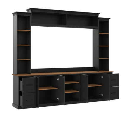 Merax 4-in-1 Wall Unit Entertainment Center with Bookshelf for TVs Up to 70", Farmhouse Large TV Stand with Walnut Adjustable Shelves, Elegant Retro Media Console with Drawers for Living Room, Black