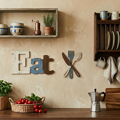 Benlarky Wooden Eat Sign for Kitchen Wall Decor, 4 Pcs Rustic Farmhouse Wall Art with Detailed Spoon Knife Fork, Large Wood Letters Decor for Dining Room, Home Restaurant Kitchen Decor Housewarming Gift
