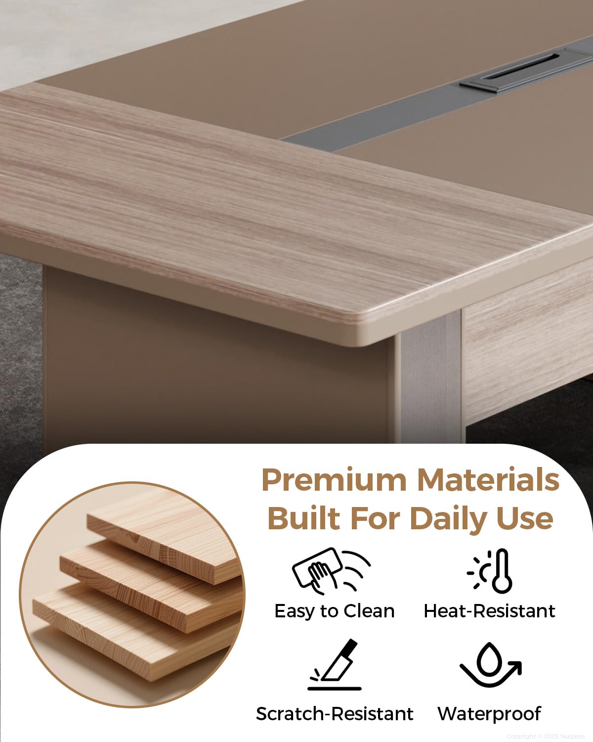 Nuipesn 12-ft Rectangular Conference Table, 142" × 51" Extra Wide Boardroom Table for 12-14 People, Dual Cable Grommets, 1.6" Thick Top, Light Oak & Gray