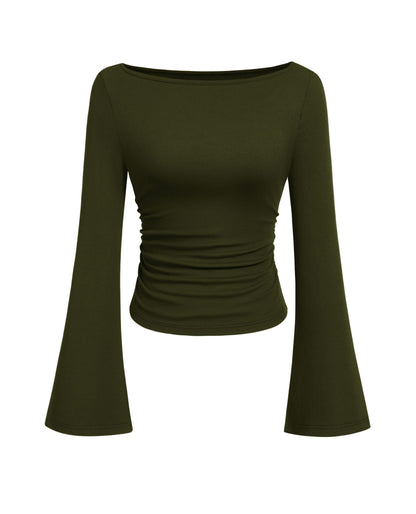 PRETTYGARDEN Women's Long Sleeve Shirts 2025 Fall Crop Going Out Tops Casual Boat Neck Bell Sleeve Ribbed Ruched Y2K Clothes