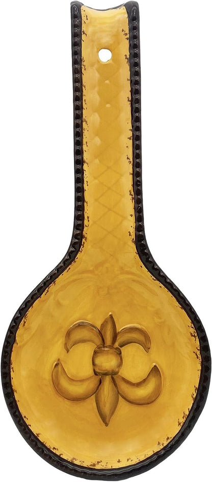 ACK Tuscany Colorful Hand Painted Fleur De Lis Yellow Spoon Rest - Cooking Spoon Holder for Kitchen Counter