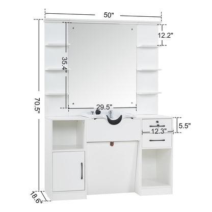 BarberPub Wall Mount Storage Station with Mirror Shampoo Bowl High-end Styling Beauty Salon Furniture Set 3145 (White)