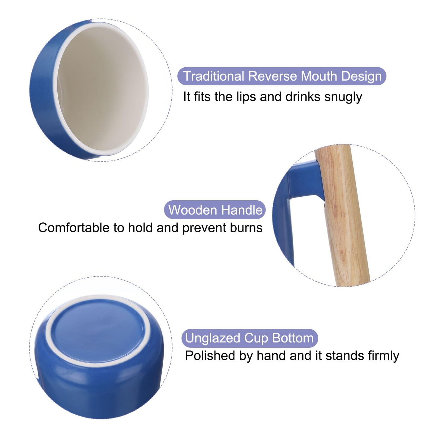 HARFINGTON Ceramic Coffee Mug 12.85 Oz Simple Wooden Handle Large Tea Cup Handmade Ceramic Mugs Gift Set with Lid and Spoon for Office Kitchen Home and Gifts for Women and Men, Blue