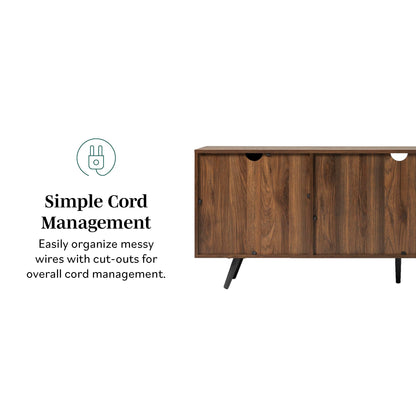 Walker Edison Saxon Mid Century Modern 2 Door Glass Shelf TV Stand for TVs up to 80 Inches, 70 Inch, Dark Walnut