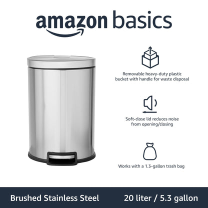 Amazon Basics Round Cylindrical Trash Can with Soft-Close Lid, Foot Pedal, Removable Inner Bucket, Smudge Resistant, 20 l/5.3 gallon, Brushed Stainless Steel