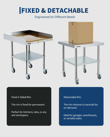 GarveeHome 30x36 Inch Stainless Steel Work Table with Wheels, Commercial Food Prep Table with 3-Sided Fixed Backsplash & Height-Adjustable Undershelf, Heavy-Duty Workbench for Restaurant Garage