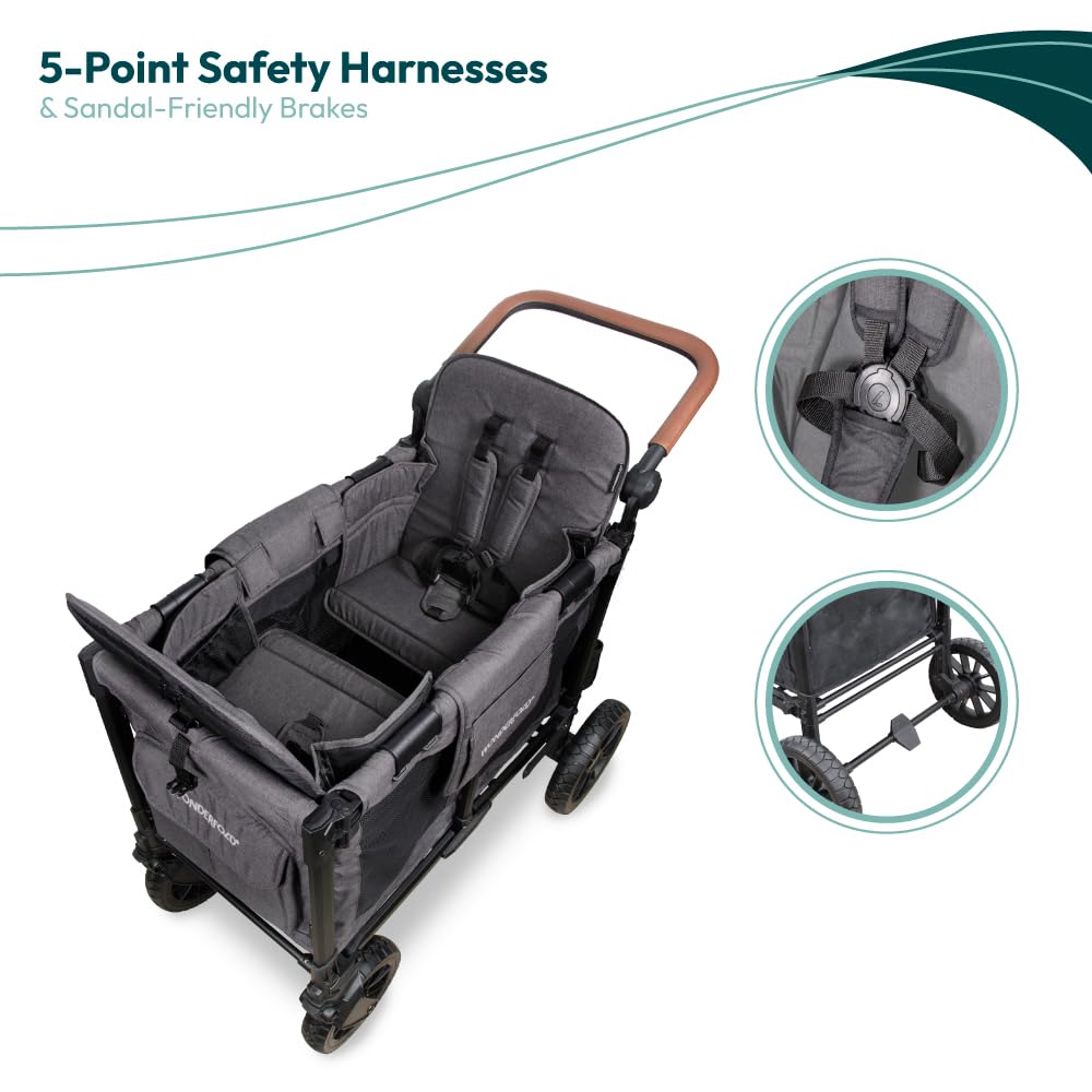 WonderFold W2 Luxe Pro Stroller Wagon - Collapsible Stroller Wagon with Aluminum Frame - Adjustable Canopy & Push Handle - XL All-Terrain Wheels - for Babies, Toddlers & Kids - 2 Seater - Gray