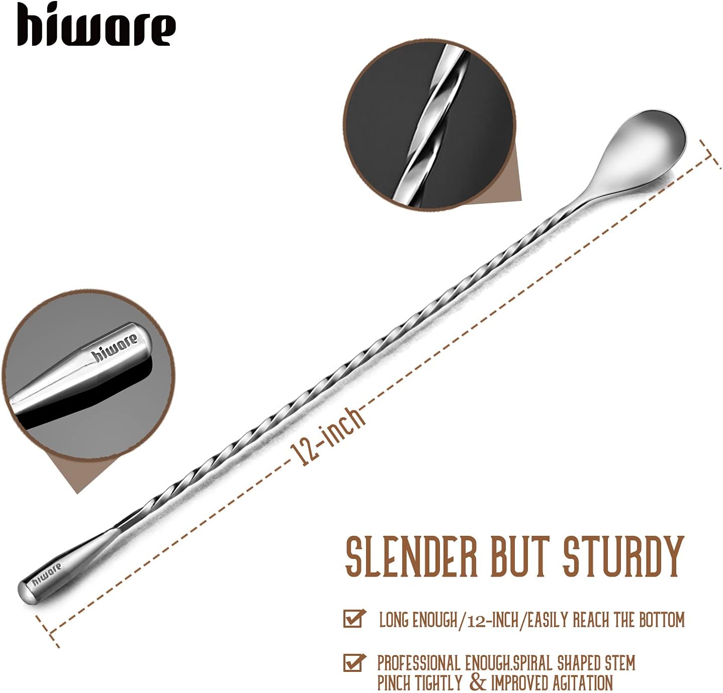 Hiware 12 Inches Stainless Steel Mixing Spoon, Spiral Pattern Bar Cocktail Shaker Spoon