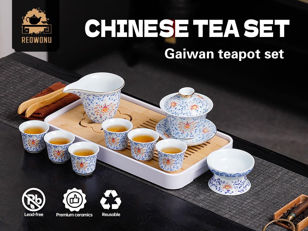 REOWONU Japanese Tea Set Traditional with 6 Cups, Chinese Gongfu Tea Set for Adults, Gold-plated Edge Craftsmanship (Entwined lotus 6cups)