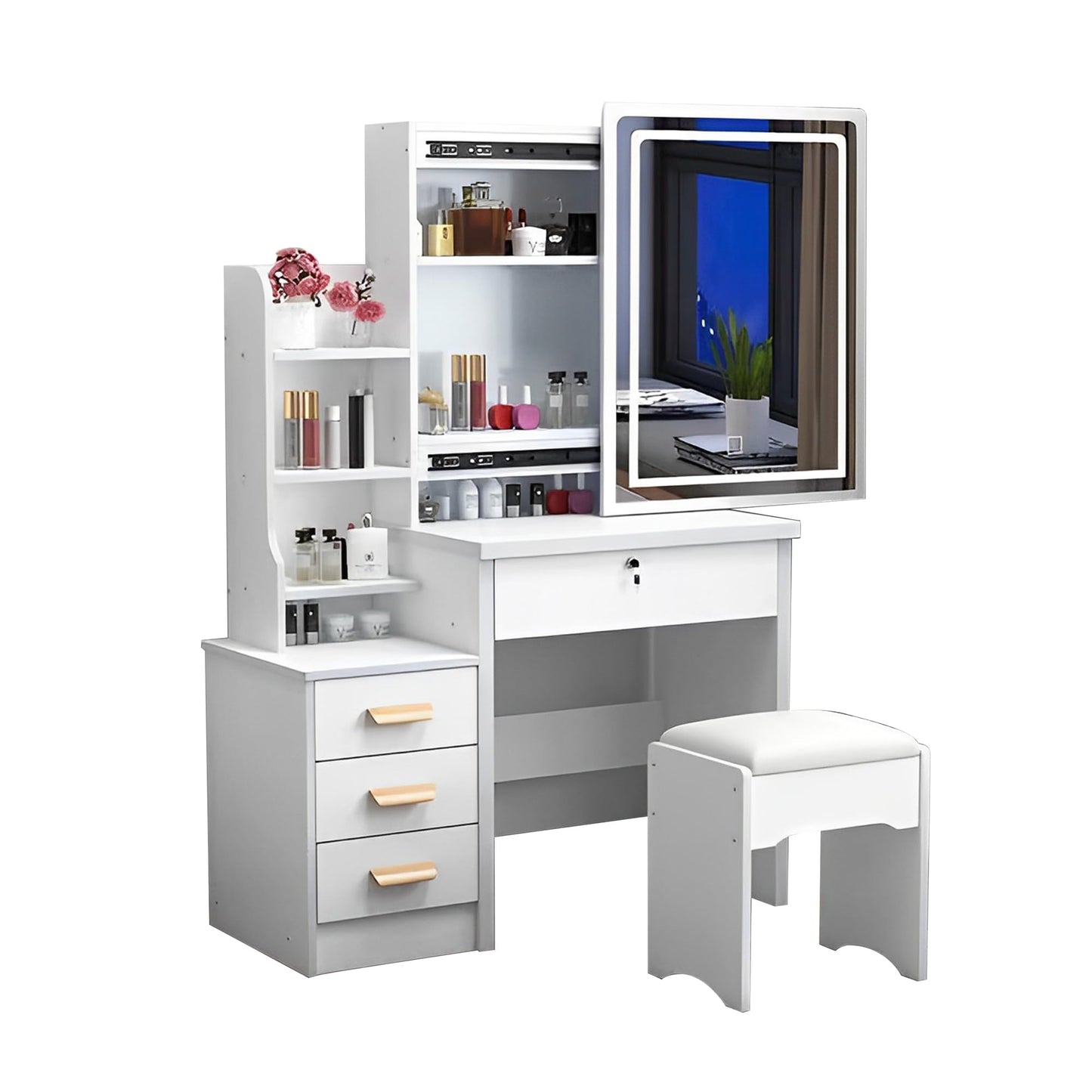 KEIKI Vanity Desk with Mirror for Makeup, Dressing Table Set with Stool,4 Drawers, White