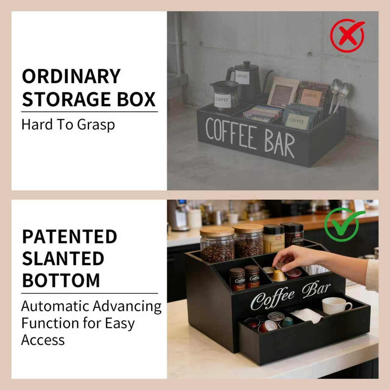Eastsign Coffee Bar Organizer for Countertop, 2-Tier Wooden Coffee Station Accessories Holder with Dust-Proof Drawer, 5 Storage Compartments for Syrups, Pods, Tea Bags and Cups, Black