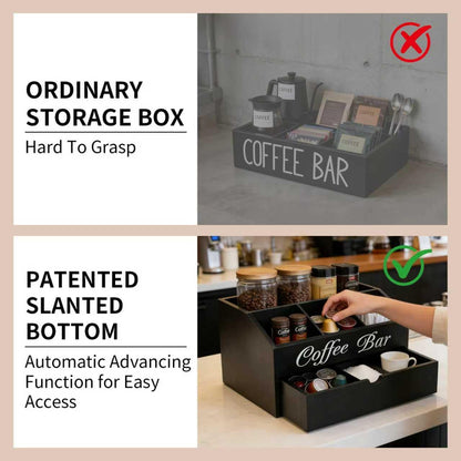 Eastsign Coffee Bar Organizer for Countertop, 2-Tier Wooden Coffee Station Accessories Holder with Dust-Proof Drawer, 5 Storage Compartments for Syrups, Pods, Tea Bags and Cups, Black