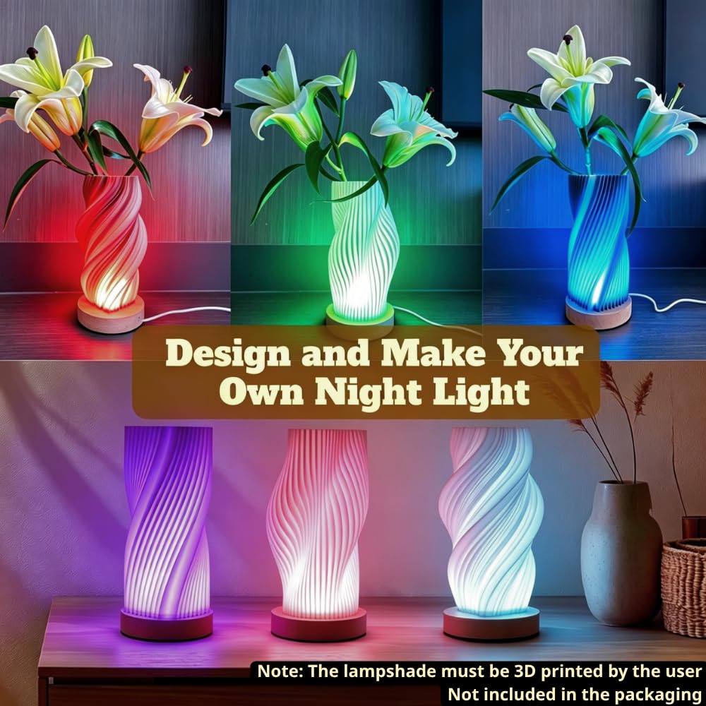PDClnyck 2pcs LED Wooden Lamp Base Kit with Metal External Thread for Bambu Lab 3D Printed Shade, 5V USB Powered DIY Hardware for MakerWorld Model (White) (RGB Light+Remote)
