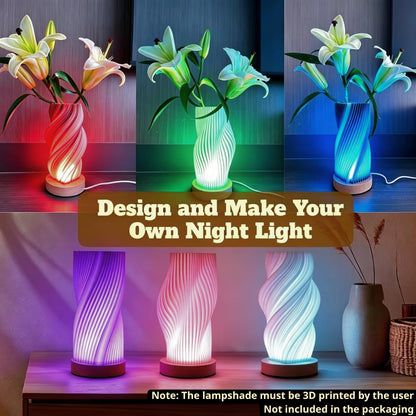 PDClnyck 2pcs LED Wooden Lamp Base Kit with Metal External Thread for Bambu Lab 3D Printed Shade, 5V USB Powered DIY Hardware for MakerWorld Model (White) (RGB Light+Remote)
