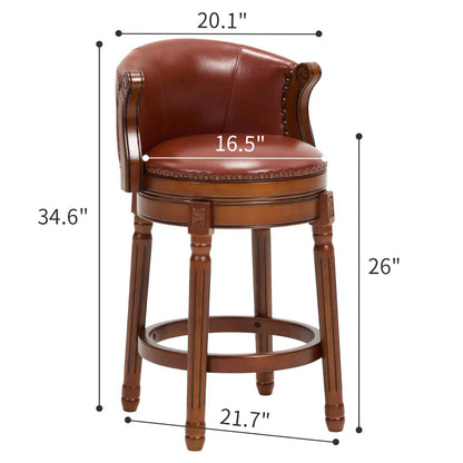 GDFStudio Cow Top Leather Wood Bar Stool with Backrest, 360 Degree Swivel Counter Height Bar Stool, Upholstered Solid Wood Rustic Farmhouse Bar Chair for Kitchen Island Home Bar Dining, New Brown 26"