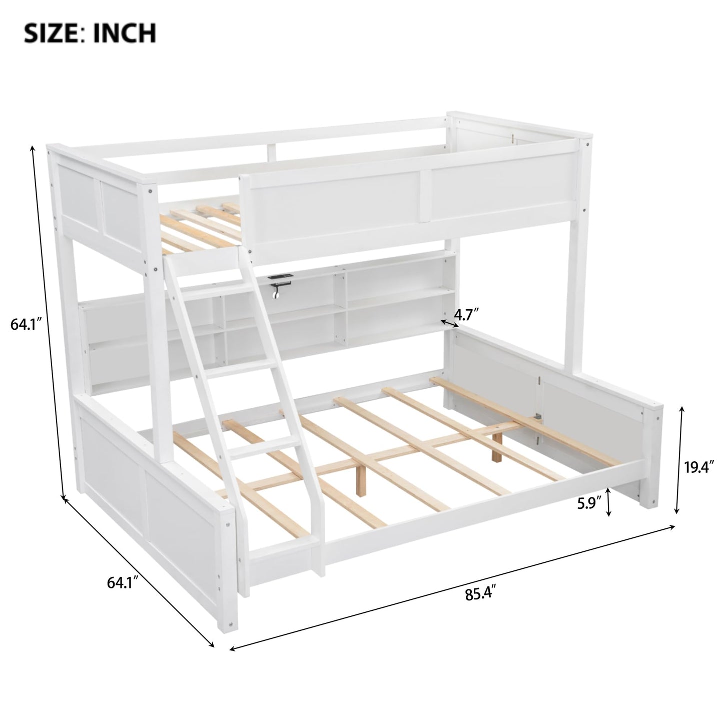 Bellemave Twin XL Over Queen Bunk Bed for Kids/Adults,Bunk Beds with Charging Station and Bookcase,Solid Wood Bunk Beds Twin XL Over Queen for Girls,Boys,Antique White