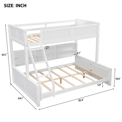 Bellemave Twin XL Over Queen Bunk Bed for Kids/Adults,Bunk Beds with Charging Station and Bookcase,Solid Wood Bunk Beds Twin XL Over Queen for Girls,Boys,Antique White