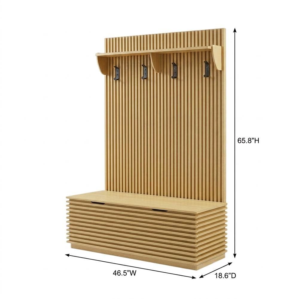 Furnifact Fluted-Panel Hall Tree with Storage Bench and Coat Rack, Entryway Bench with Hooks and Shoe Storage for Mudroom or Foyer, Oak