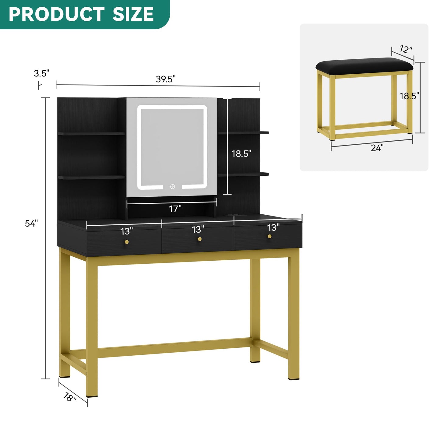 YITAHOME Vanity Desk Set with Mirror and Lights & Power Outlets, Makeup Table with 3 Adjustable Lighting Modes, Vanity Set with Open Shelves and Hidden Storage