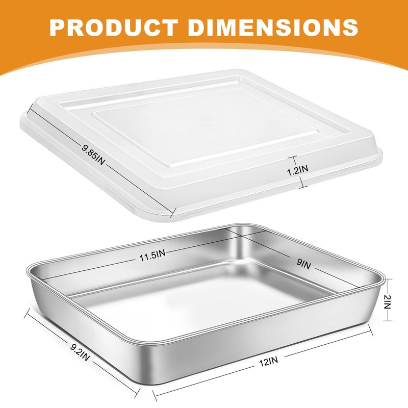 Blingco Stainless Steel Baking Pan with Lid, 12⅓ x 9¾ x 2 Inch Deep Rectangle Cake Pans with Cover for Cakes, Brownies, Cookies, Deep Side & Heavy Duty,Dishwasher & fridge & Oven Safe(2 Pans + 2 Lids)