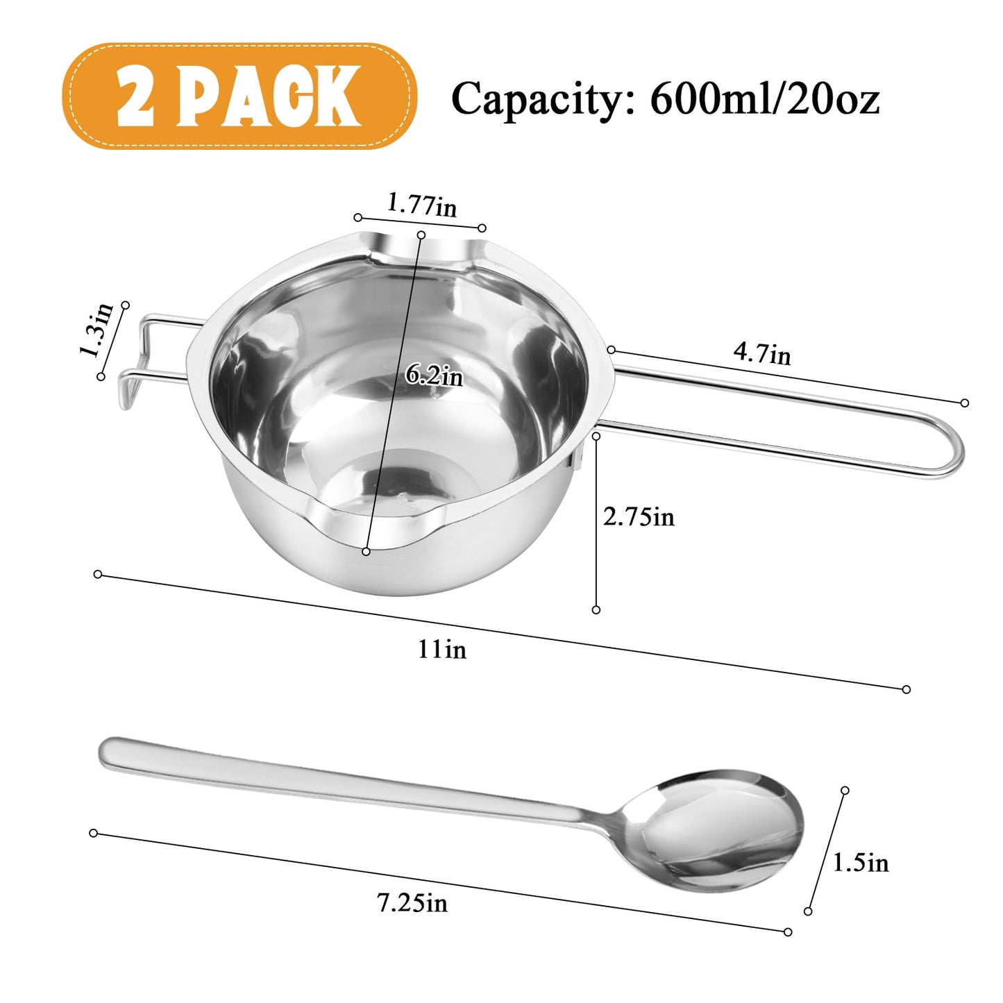 Milkary 2Pcs 600ml/20oz Stainless Steel Double Boiler Pot with 2 Metal Spoon, Chocolate Melting Pot for Melting Chocolate Butter Cheese Candle and Wax Making Kit Double Spouts