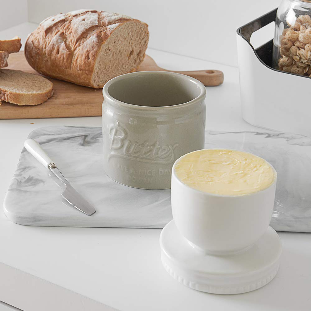 DOWAN Butter Dish, French Butter Crock With Lid for Spreadable Soft Butter, Porcelain Butter Keeper With Waterline for Counter, Embossed Butter Container Home Gift Kitchen Decor, Beige