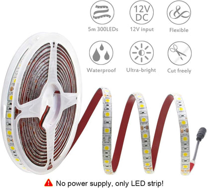 16.4ft 3500K 5050 5M 300 IP65 12V Commercial ALITOVE Warm White SMD LED Flexible Strip Ribbon Light LEDs Waterproof DC