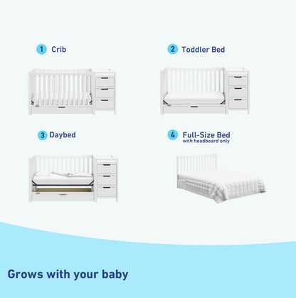 Graco Remi 4-in-1 Convertible Crib & Changer – GREENGUARD Gold Certified, Fits Standard Crib Mattress, Converts to Toddler Bed and Full Bed, 4 Adjustable Mattress Heights (White)