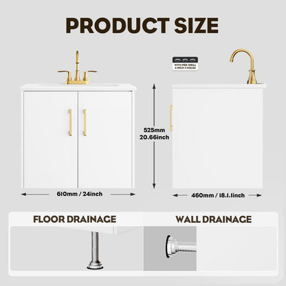 phiestina 24 Inch White Floating Bathroom Vanity, Pre-Assembled Wall-Mounted Cabinet with 2 Soft-Close Doors & 3 Hole Ceramic Sink, No Faucet,BV08-24-WHITE