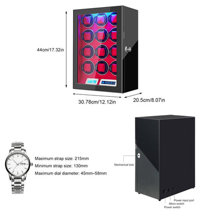 GCCRGRC Watch Winder 12 Slots Automatic Watches,Ultra-Quiet Japanese Motors, Built-in LED Illumination and LCD Touchscreen Control