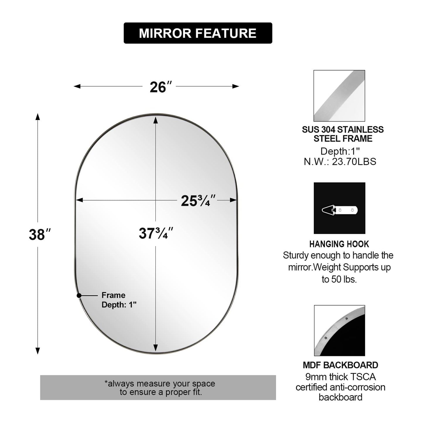 ANDY STAR Chrome Oval Mirror 26x38’’ Pill-Shaped Mirror Chrome Metal Framed for Bathroom Vanity in 1 Inch Stainless Steel Meatl Frame Anti-Rust Wall-Mounted Vertically/Horizontally