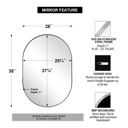 ANDY STAR Chrome Oval Mirror 26x38’’ Pill-Shaped Mirror Chrome Metal Framed for Bathroom Vanity in 1 Inch Stainless Steel Meatl Frame Anti-Rust Wall-Mounted Vertically/Horizontally