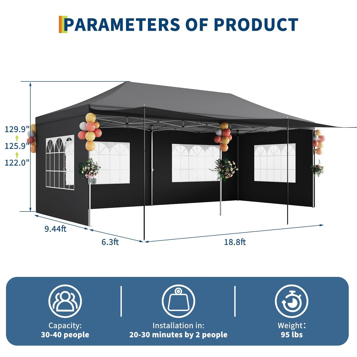 10x20 Pop Up Canopy Party Tent with 6 Removable Sidewalls, Waterproof Outdoor Large Gazebo Shelter with Adjustable Height for Backyard, BBQ, Wedding Events