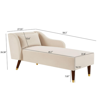 GDFStudio Upholstered Chaise Lounge Chair Indoor, Modern Velvet Recliner Lounge Chair with Removable Pillows, Gold Wood Legs, Backrest & Armrest, Reading Chaise Chair for Living Room Bedroom, Beige