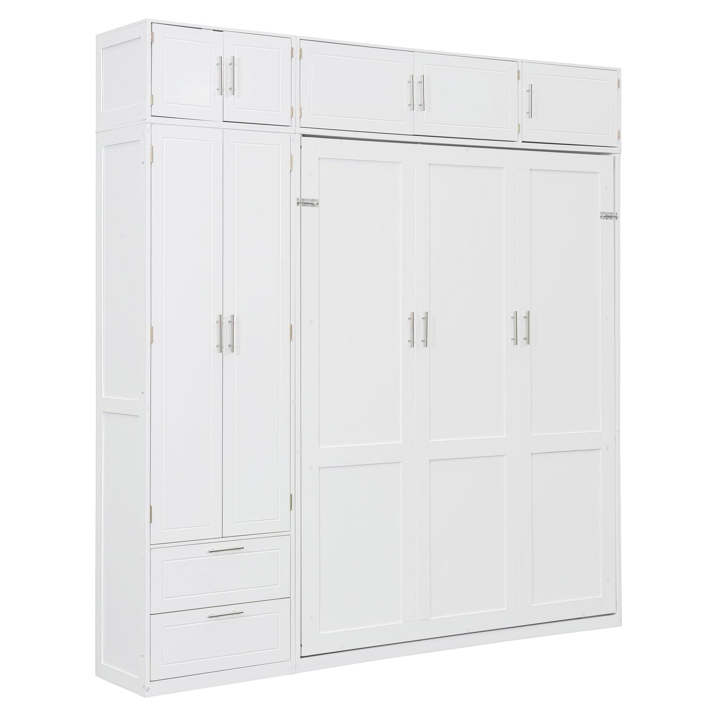 Merax Queen Size Murphy Bed with Top Cabinet, Shelves and Wardrobe, Fold into The Wall, Space-Saving Design, Multifunctional Foldable Platform Bed Frame for Bedroom, Guest Room, Home Office, White